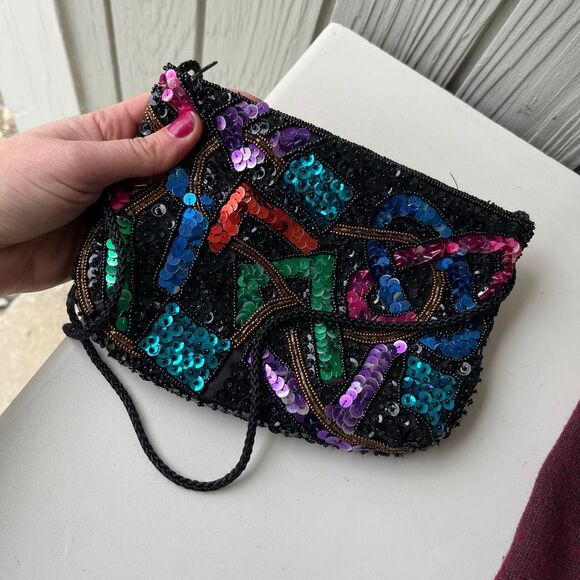 VTG 80s Beaded Sequin Crossbody Bag Black Multicolor Party Purse - Picture 1 of 8